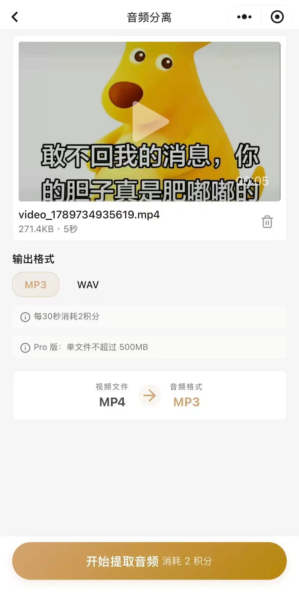 音频分离功能页,选好输出格式开始提取